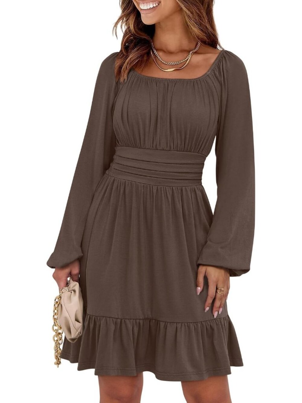 Women's Brown Lantern Sleeve Square Neck Elastic Waist A-Line Short Dresses